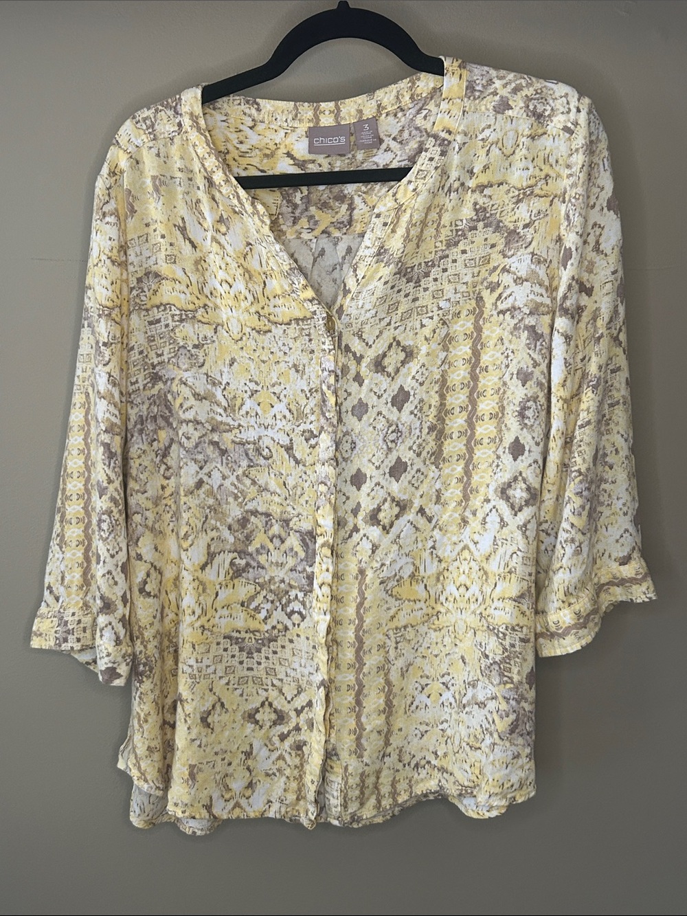 Chico's Yellow & Taupe Patterned Button-Front Blouse